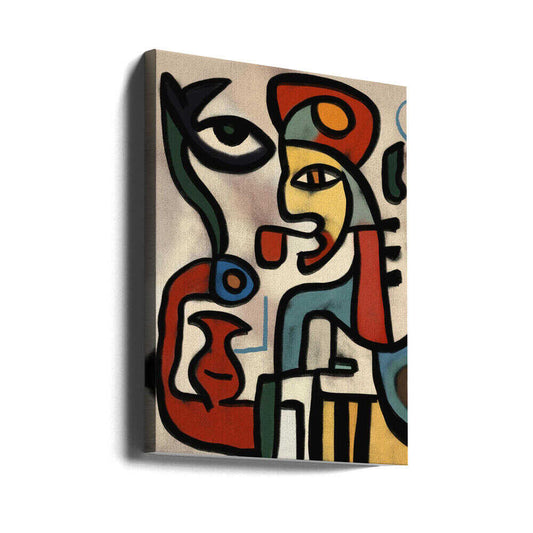 Abstract Visions by Little Dean, gallery-wrapped canvas viewed at an angle; interlocking abstract faces outlined in black with warm color.