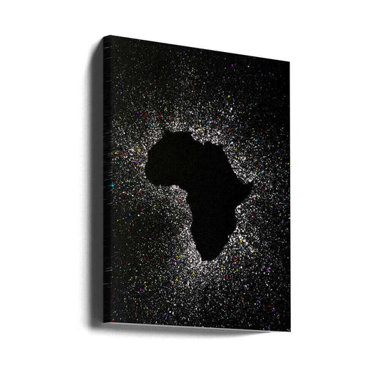 African eclipse effect by Carlo Kaminski, gallery-wrapped canvas viewed at an angle; dark Africa silhouette surrounded by scattered light-like dots.