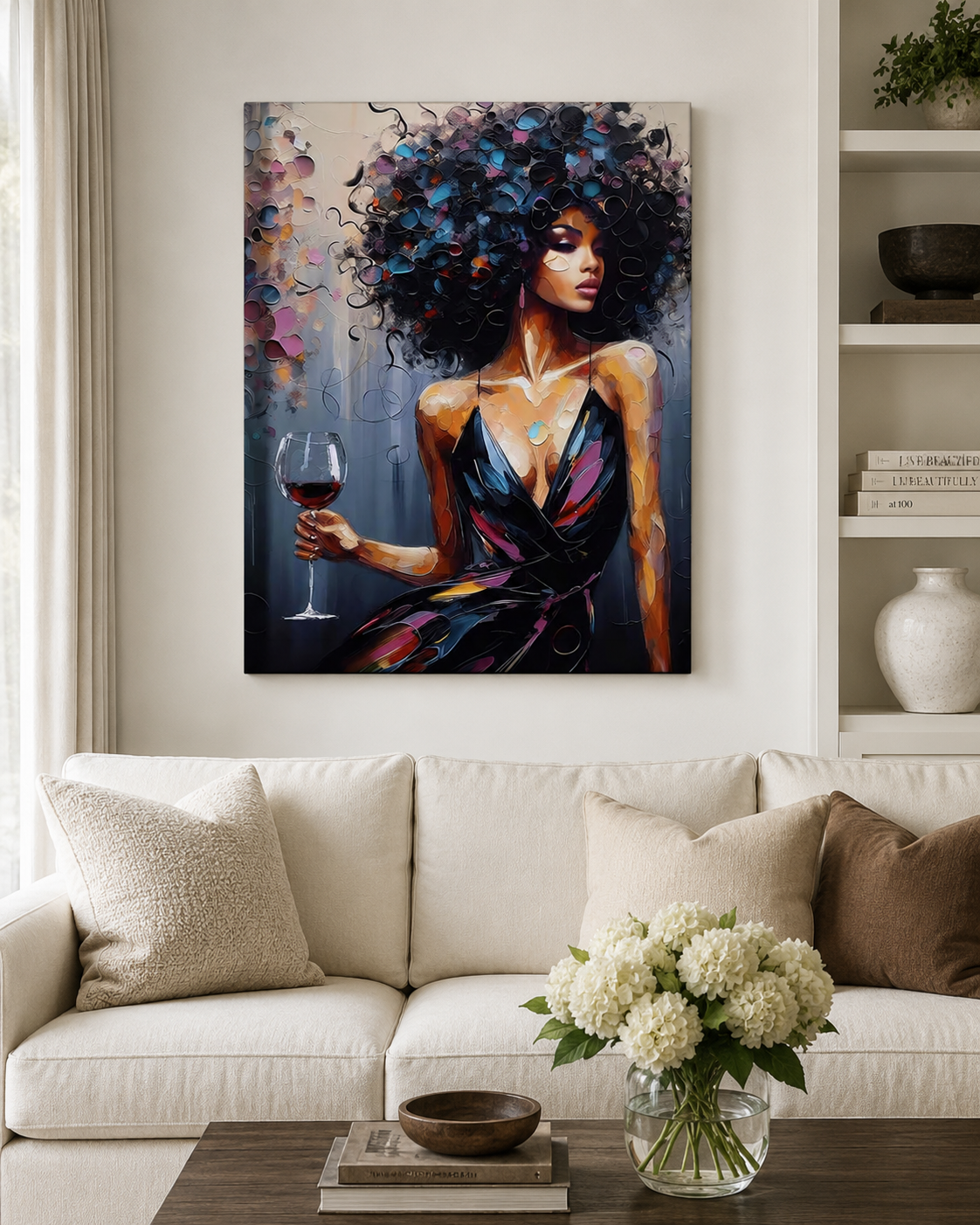 A large vertical canvas painting of a woman with voluminous dark hair holding a glass of red wine, displayed on a beige wall above a cream-colored sofa in a styled living room.