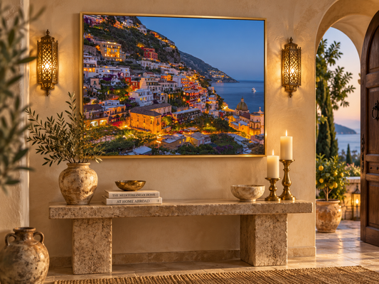 Amalfi Nights | Large Canvas Wall Art Print — gold-framed canvas above a console