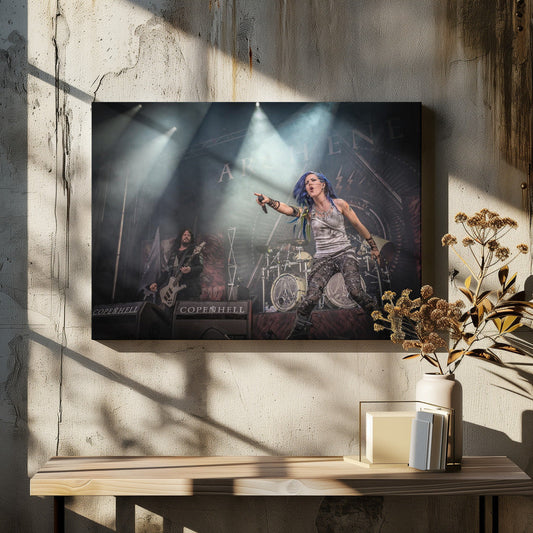 Arch Enemy – Color | Live Music Photography Canvas Print — black-framed canvas above a console