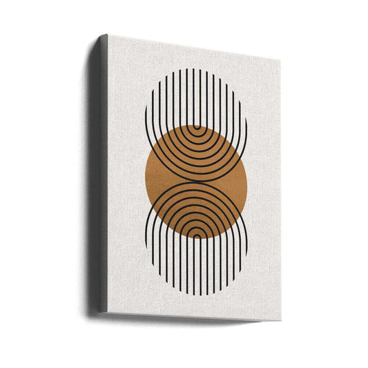 Art with circles 1 by Vitor Costa, gallery-wrapped canvas viewed at an angle; an ochre circle between opposing sets of nested black curved lines.