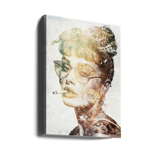 Audrey 01 by Rafal Kulik, gallery-wrapped canvas viewed at an angle; a vintage-style face in glasses with an ornate updo and sepia decorative overlays.