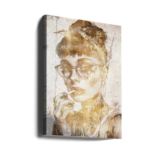 Audrey 03 by Rafal Kulik, gallery-wrapped canvas viewed at an angle; a sepia-toned portrait with an updo, glasses and layered decorative patterns.