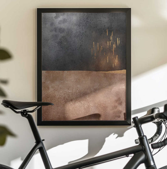 Autumn Rain by Elisabeth Fredriksson — black-framed canvas displayed behind a bicycle