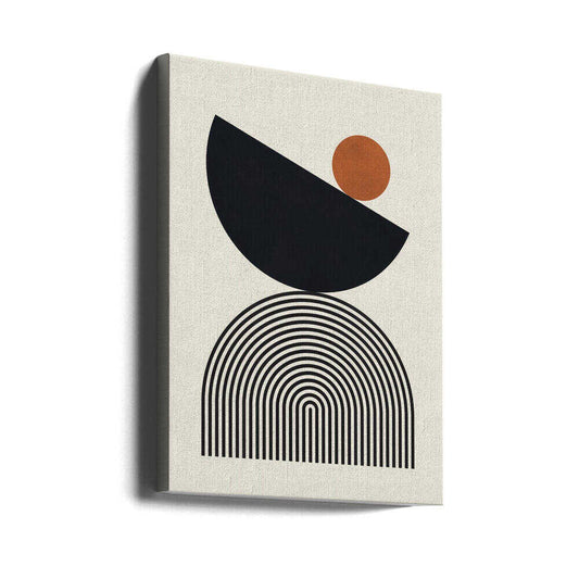 Balance and Curves by Vitor Costa, gallery-wrapped canvas viewed at an angle; a tilted black semicircle with an orange circle above fine nested black arches.