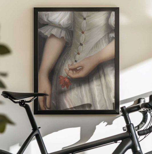 Baroque Detail Painting by The Art Concept — black-framed canvas displayed behind a bicycle