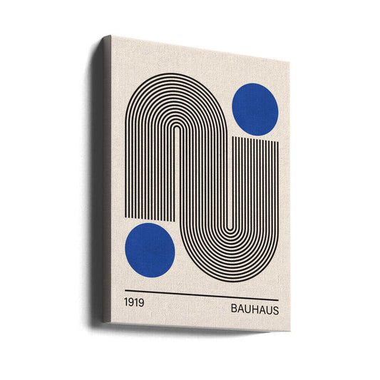 Bauhaus art 2 by Vitor Costa, gallery-wrapped canvas viewed at an angle; opposing black line arches paired with two blue circles and Bauhaus lettering.