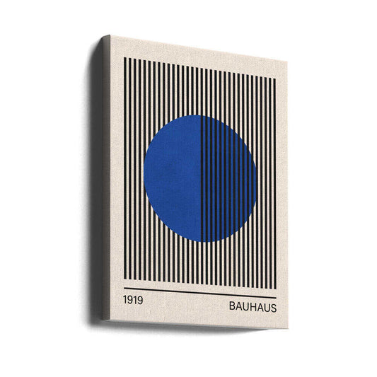 Bauhaus art 3 by Vitor Costa, gallery-wrapped canvas viewed at an angle; a blue circle intersecting a rectangular field of black vertical stripes.