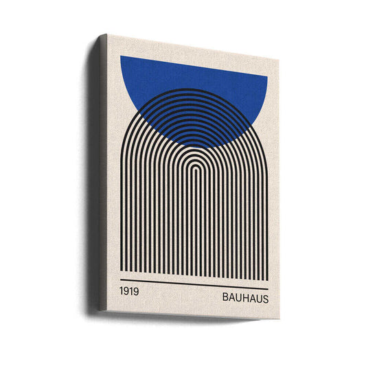 Bauhaus art 4 by Vitor Costa, gallery-wrapped canvas viewed at an angle; a blue semicircle overlapping nested black arches above Bauhaus lettering.