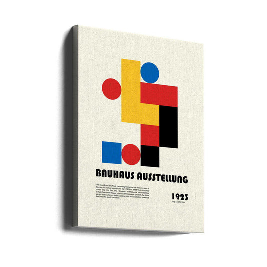 Bauhaus Ausstellung by Retrodrome, gallery-wrapped canvas viewed at an angle; primary-color circles and rectangles with Bauhaus lettering.
