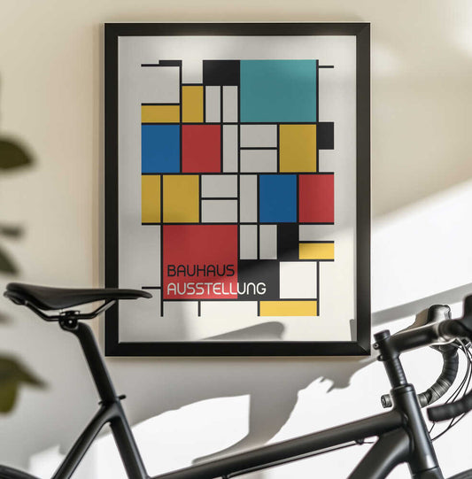 Bauhaus Geometric Design Retro by Retrodrome, black-framed artwork above a bicycle; red, blue, yellow and teal blocks in a black grid.