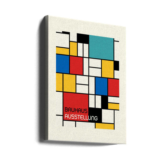 Bauhaus Geometric Design Retro by Retrodrome, gallery-wrapped canvas viewed at an angle; red, blue, yellow and teal blocks in a black grid.