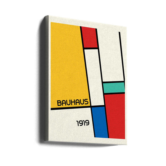 Bauhaus Geometric Design Retro by Retrodrome, gallery-wrapped canvas viewed at an angle; yellow, red and blue geometric blocks with Bauhaus 1919 text.