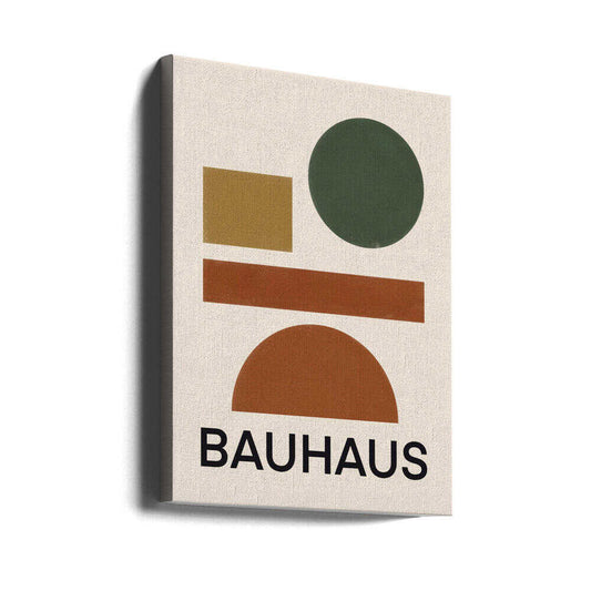 Bauhaus Geometric minimal 04 by Little Dean, gallery-wrapped canvas viewed at an angle; a green circle, ochre square, rust bar and brown semicircle above BAUHAUS lettering.