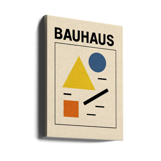 Bauhaus minimalist 06 by Little Dean, gallery-wrapped canvas viewed at an angle; BAUHAUS lettering above a yellow triangle, blue circle, orange square and black lines.