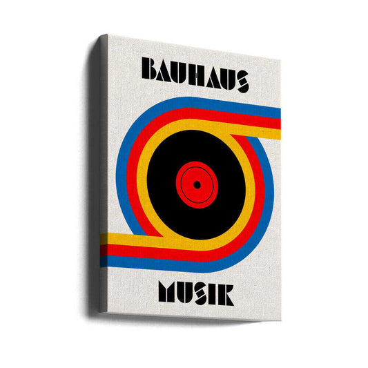 Bauhaus Musik Vinyl by Retrodrome, gallery-wrapped canvas viewed at an angle; black vinyl record with red, yellow and blue curved bands.