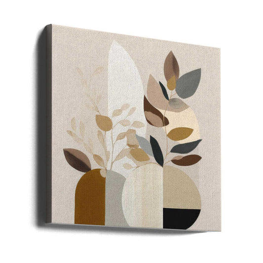 Beauty In Beige Fauna by Bella Eve, gallery-wrapped canvas viewed at an angle; layered cream and beige vessel-like shapes with stylized brown, gray and ochre leaves.