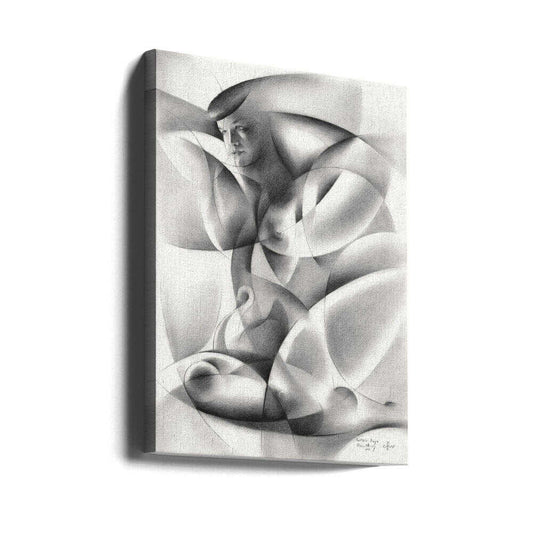 Bettie Page - 28-08-17 by Corné Akkers, gallery-wrapped canvas viewed at an angle; a grayscale portrait and figure interwoven with rounded abstract planes.
