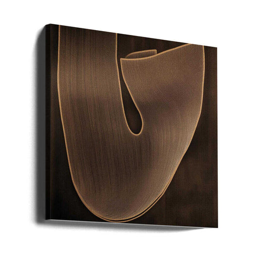 Biophilic IV by Alma, gallery-wrapped canvas viewed at an angle; a folded brown organic form with fine linear markings and glowing edges.