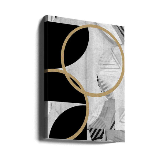 Black and White Stripes Gold Spheres No1 by cartissi, gallery-wrapped canvas viewed at an angle; large gold-toned rings over black shapes and gray stripes.