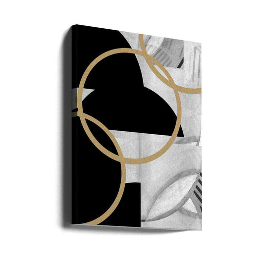 Black and White Stripes Gold Spheres No3 by cartissi, gallery-wrapped canvas viewed at an angle; overlapping gold-toned rings on black and white abstraction.