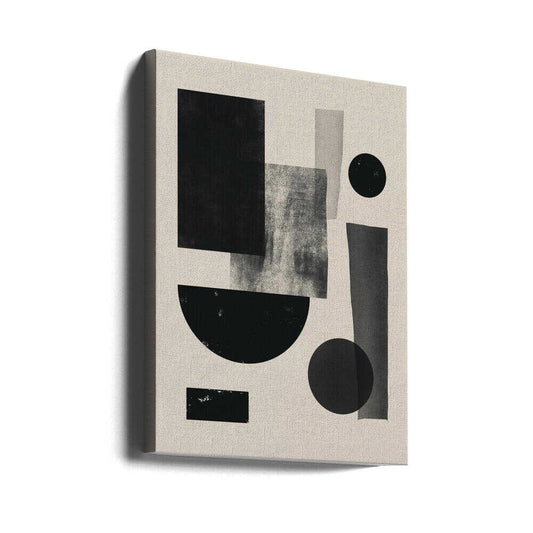 Black geometry collage by Little Dean, as a gallery-wrapped canvas, viewed at an angle; black circles, rectangles and a semicircle with textured gray blocks on cream.