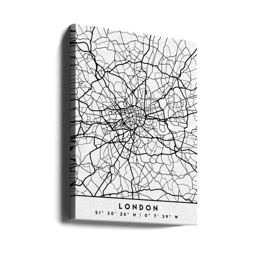 Black Maps 41 by Emiliano Deificus, gallery-wrapped canvas viewed at an angle; black and white London street map with city label.