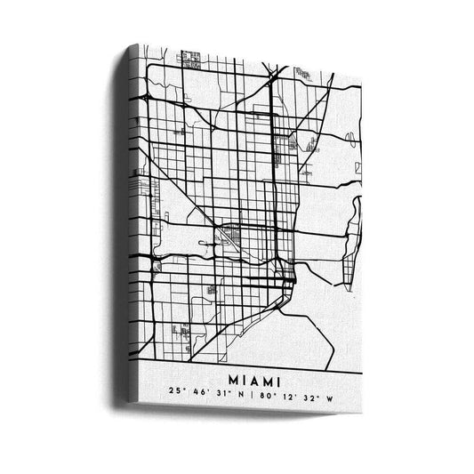 Black Maps 53 by Emiliano Deificus, gallery-wrapped canvas viewed at an angle; black and white Miami street map with city label.