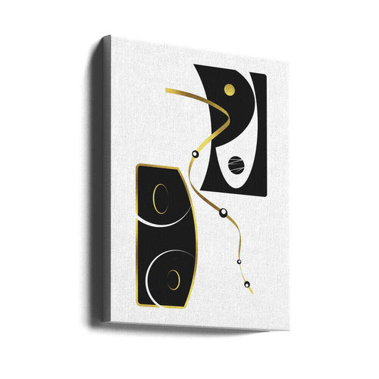 Black & White Abstract No. 2 | gold by Melanie Viola, gallery-wrapped canvas viewed at an angle; black abstract shapes with looping gold-toned lines.