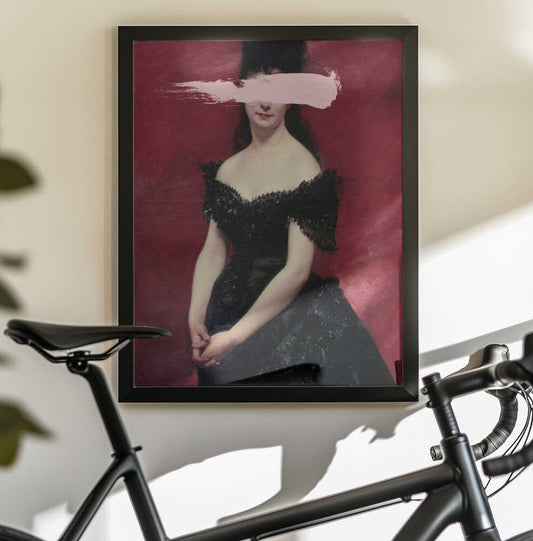 Blackdress3 Ratio2x3 by Talitha McQueen — black-framed canvas displayed behind a bicycle