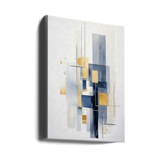 Blue Geometric 1 by Sally Ann Moss, gallery-wrapped canvas viewed at an angle; layered blue rectangles with gold-toned blocks and fine lines.