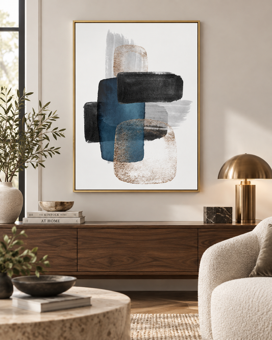 Blue & Grey | Modern Abstract Canvas Wall Art — gold-framed canvas above a console