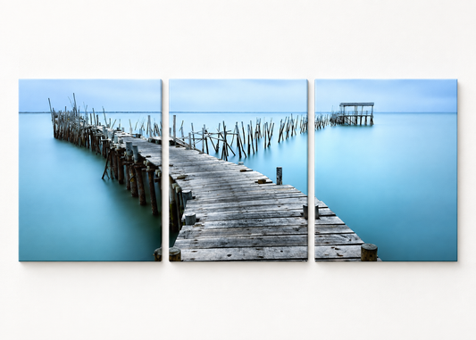 Blue Stillness Wooden Pier Classic triptych gallery-wrapped canvas set; illustrative front view, see size guide for dimensions