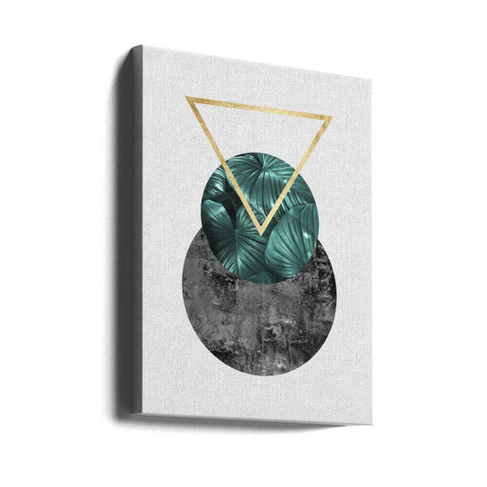 Botanical and geometric Shape by Vitor Costa, gallery-wrapped canvas viewed at an angle; a teal leafy circle overlapping a gray textured circle beneath a gold-colored triangle.