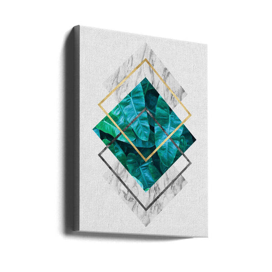 Botanical and geometric Shape by Vitor Costa, gallery-wrapped canvas viewed at an angle; layered teal botanical diamonds with fine gold-colored and gray geometric outlines.