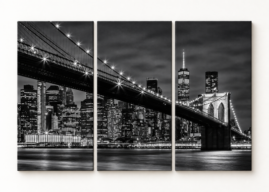Brooklyn Bridge in Black and White Large triptych gallery-wrapped canvas set; illustrative front view, see size guide for dimensions
