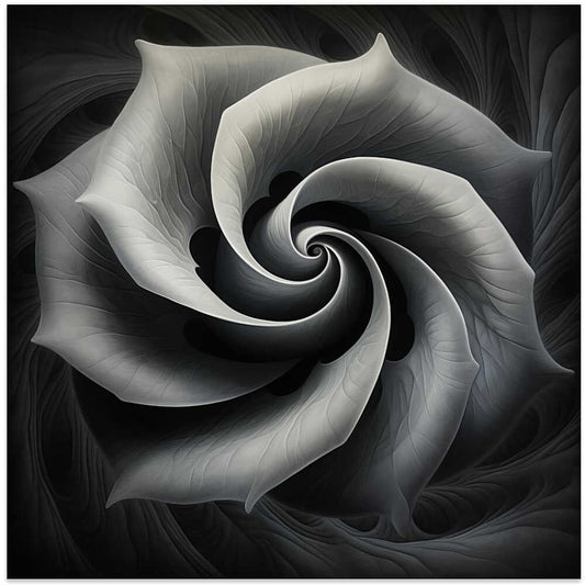 Bw Geo 11 by Bilge Paksoylu, front view of the artwork; soft gray petal-like spiral against a black background.