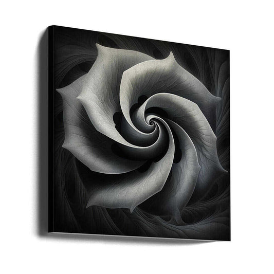 Bw Geo 11 by Bilge Paksoylu, gallery-wrapped canvas viewed at an angle; soft gray petal-like spiral against a black background.