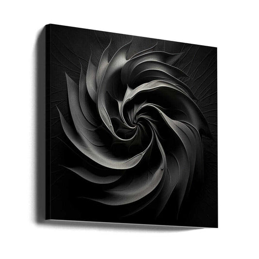 Bw Geo 22 by Bilge Paksoylu, gallery-wrapped canvas viewed at an angle; dark layered spiral with narrow gray highlights.