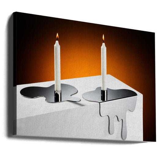 candles by Rostovskiy Anton, gallery-wrapped canvas viewed at an angle; two lit white candles on dark holders above a white surface with melting-looking edges.