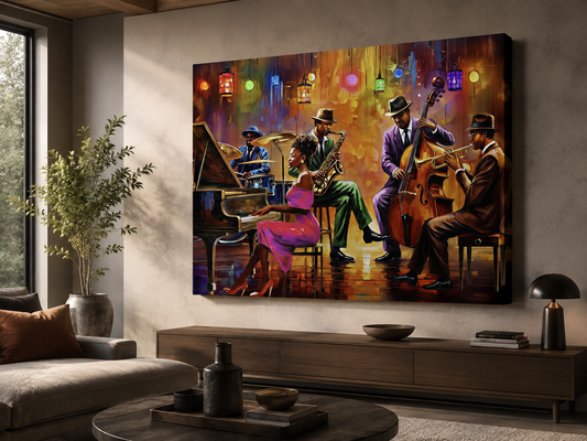 A large rectangular wall art canvas showing a colorful jazz band performing in a dimly lit room, displayed above a wooden console in a modern living room setting.