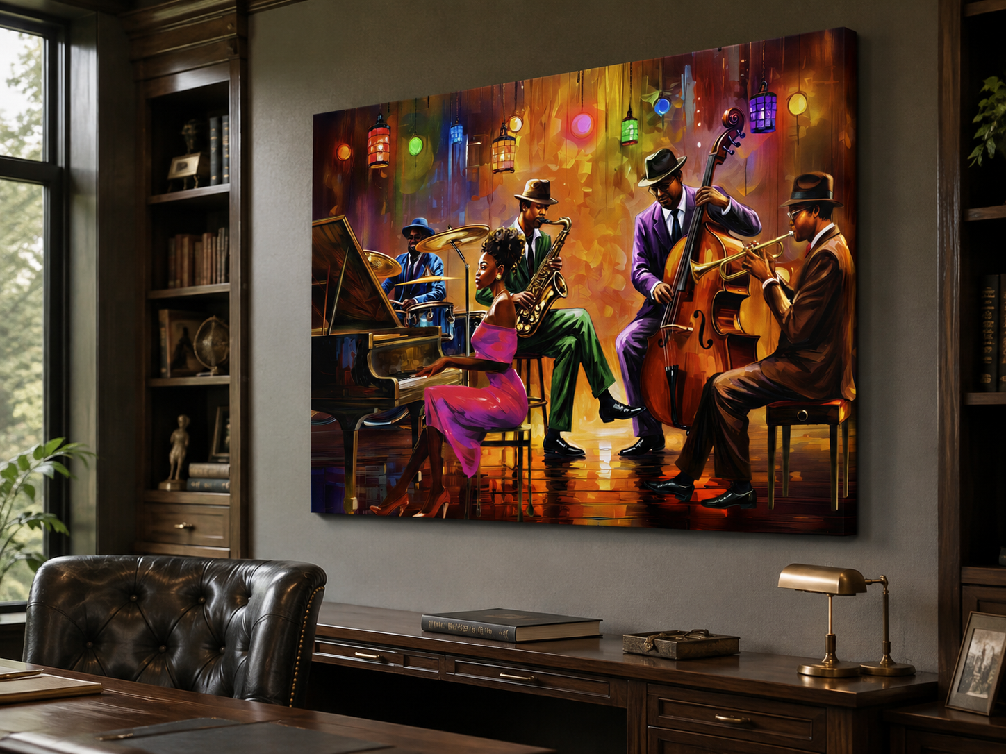 A large canvas wall art print depicting a jazz band performing on stage, displayed on a gray wall in a dark, elegant study with a leather chair, wooden desk, and bookshelves.