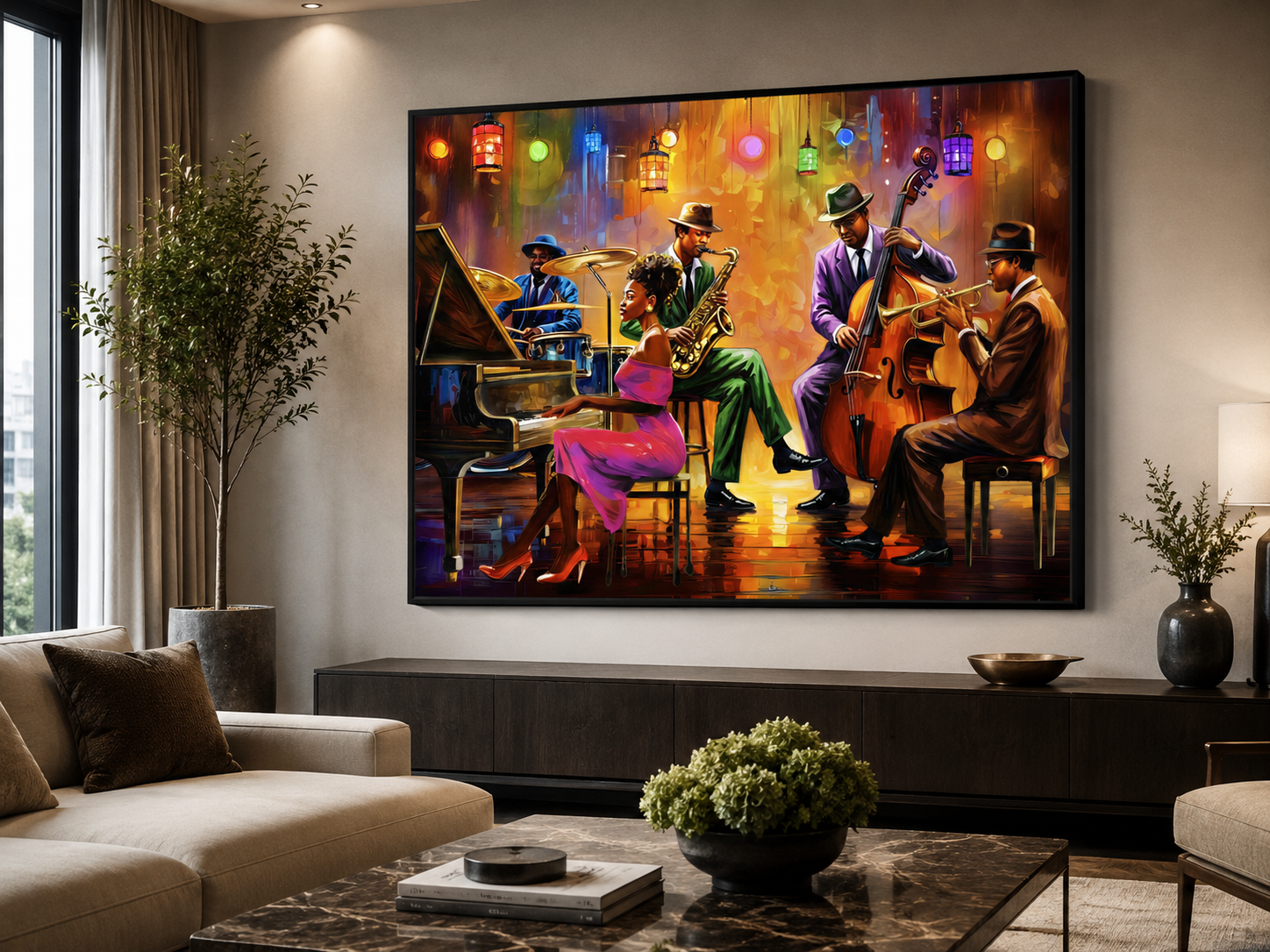 A large framed wall art print depicting a colorful jazz band with a piano, saxophone, double bass, and guitar, displayed in a modern living room setting above a dark console table.