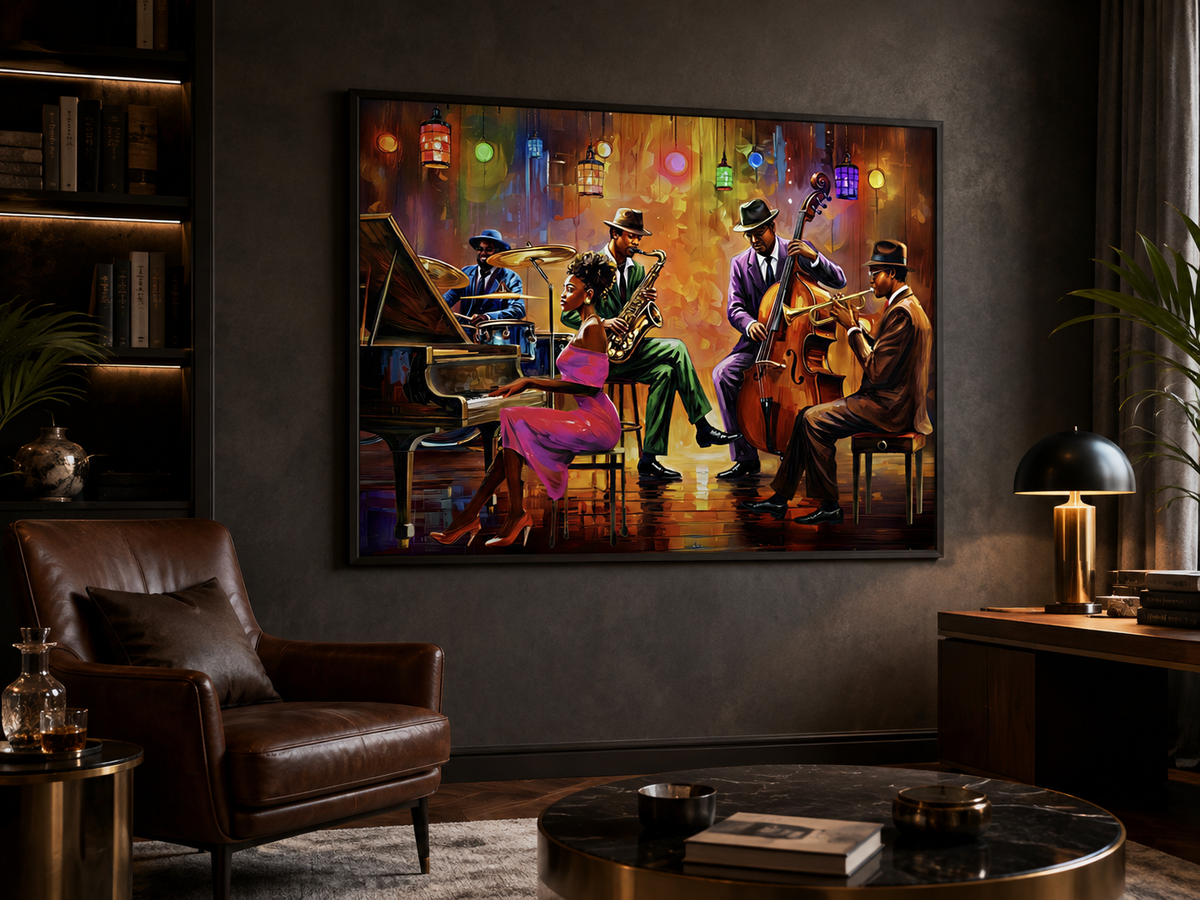 A framed canvas painting of a jazz band performing on a rainy street, displayed on a dark gray wall in a modern, stylishly decorated living room with a brown leather armchair and a marble coffee table.