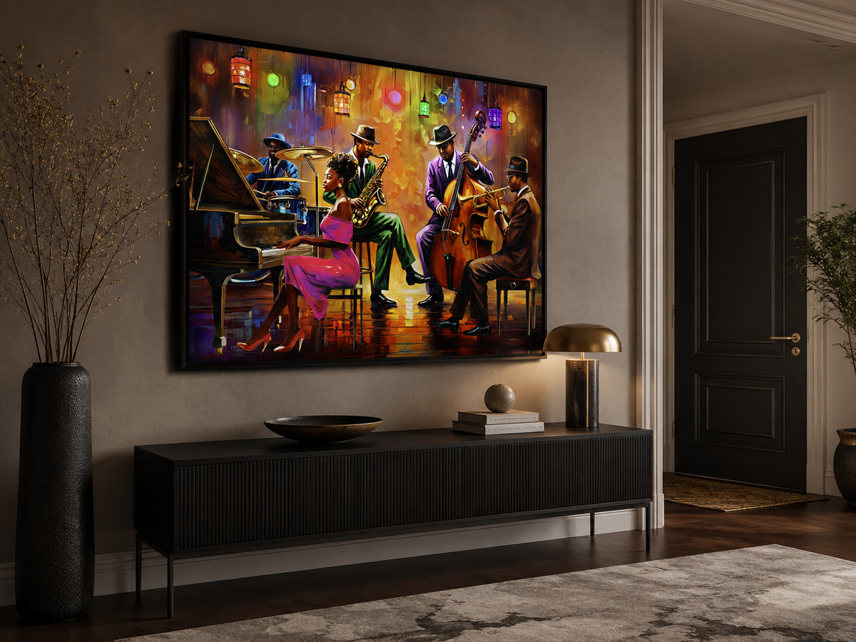 A large framed wall art print depicting a colorful jazz band performance hangs on a beige wall above a dark console table in a styled interior room.