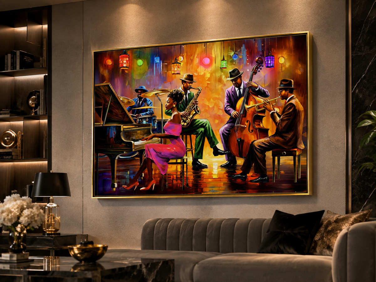 A large framed canvas painting of a jazz band performing on stage, displayed on a gray wall above a modern gray sofa in a styled living room.