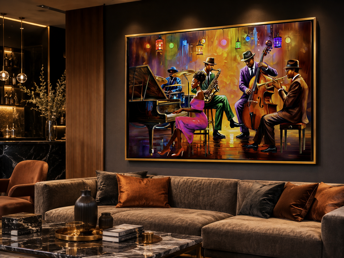 A large framed wall art print depicting a colorful jazz band performing on stage, displayed above a modern brown sectional sofa in a stylishly decorated living room.