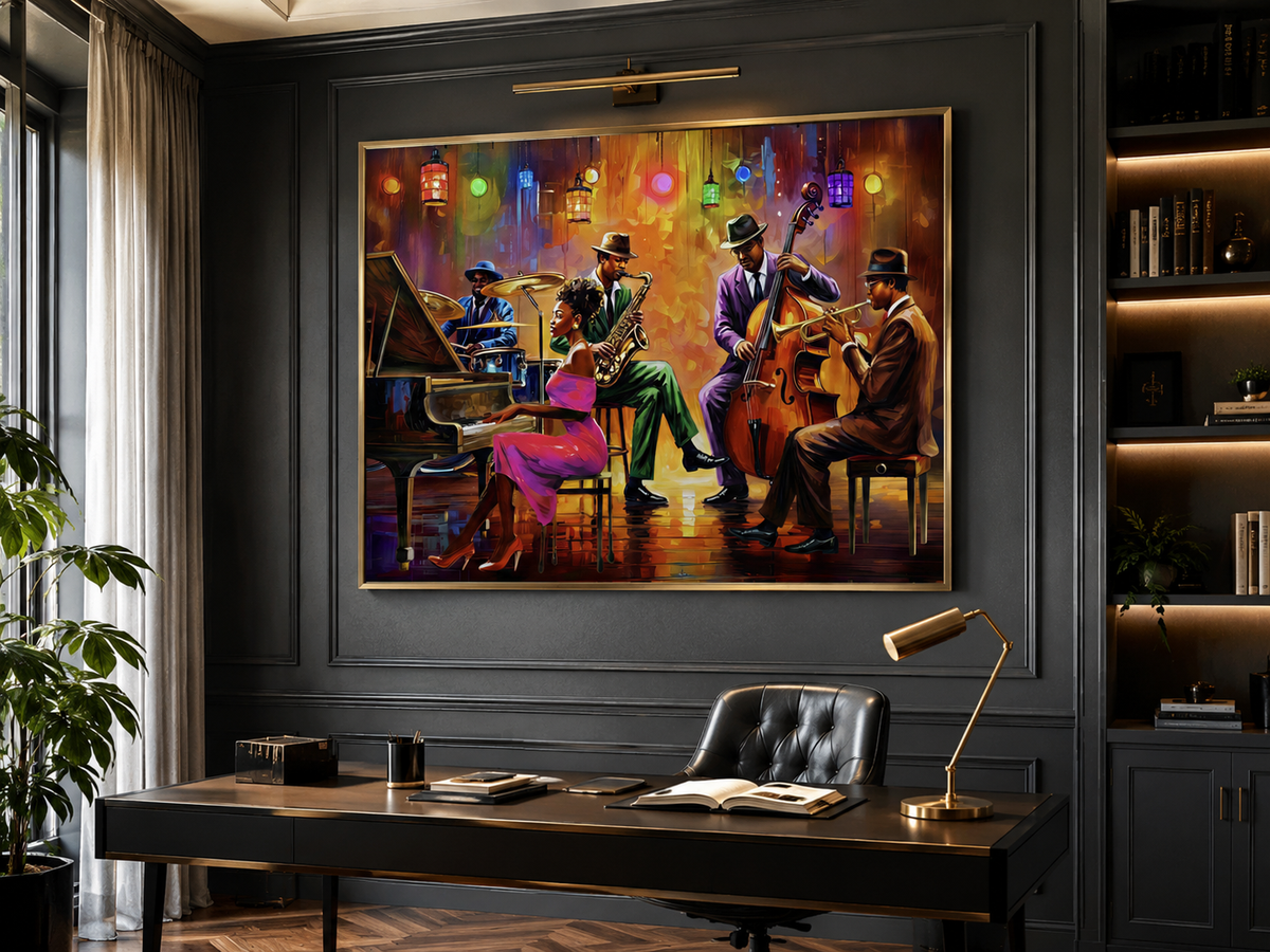 A large framed wall art print depicting a jazz band performing, displayed in a modern, dark gray office setting above a wooden desk with a black leather chair and a gold desk lamp.