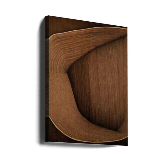 Caramel lines I by Alma, gallery-wrapped canvas viewed at an angle; a folded caramel-brown ribbon-like form with fine grain and sweeping curves.
